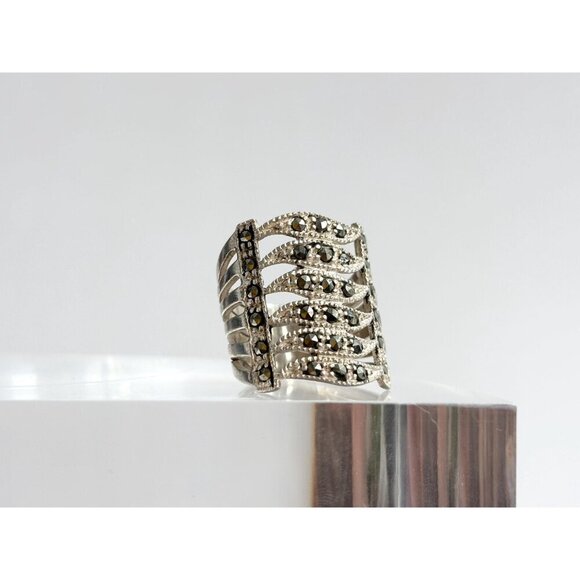 Art Deco Marcasite Gemstone Wavy Chunky Banded Gemstone Vintage Ring - sz 5.5 - Picture 2 of 10